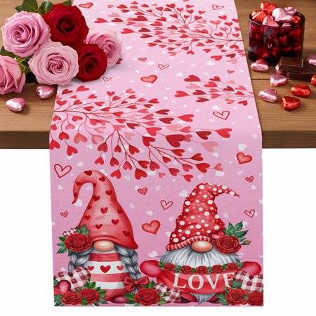 Valentine s Day Cotton Linen Table Runner Sweet Gnome Couple Red Love Heart Roses Floral Gradient Pink Dining Table Runners for Home Decor Party Dining Room Restaurant Kitchen Party 13 x 60
