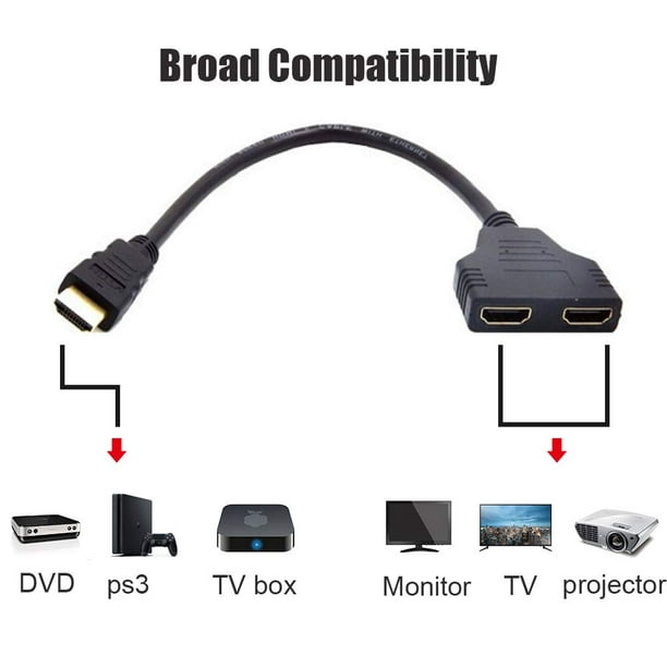 HDMI Splitter Adapter, HDMI Male to 2 HDMI Female Splitter Cable for HDTV, LCD Monitor and 1080P Dual HDMI Adapter 1 to 2 ( Black) - Walmart.com