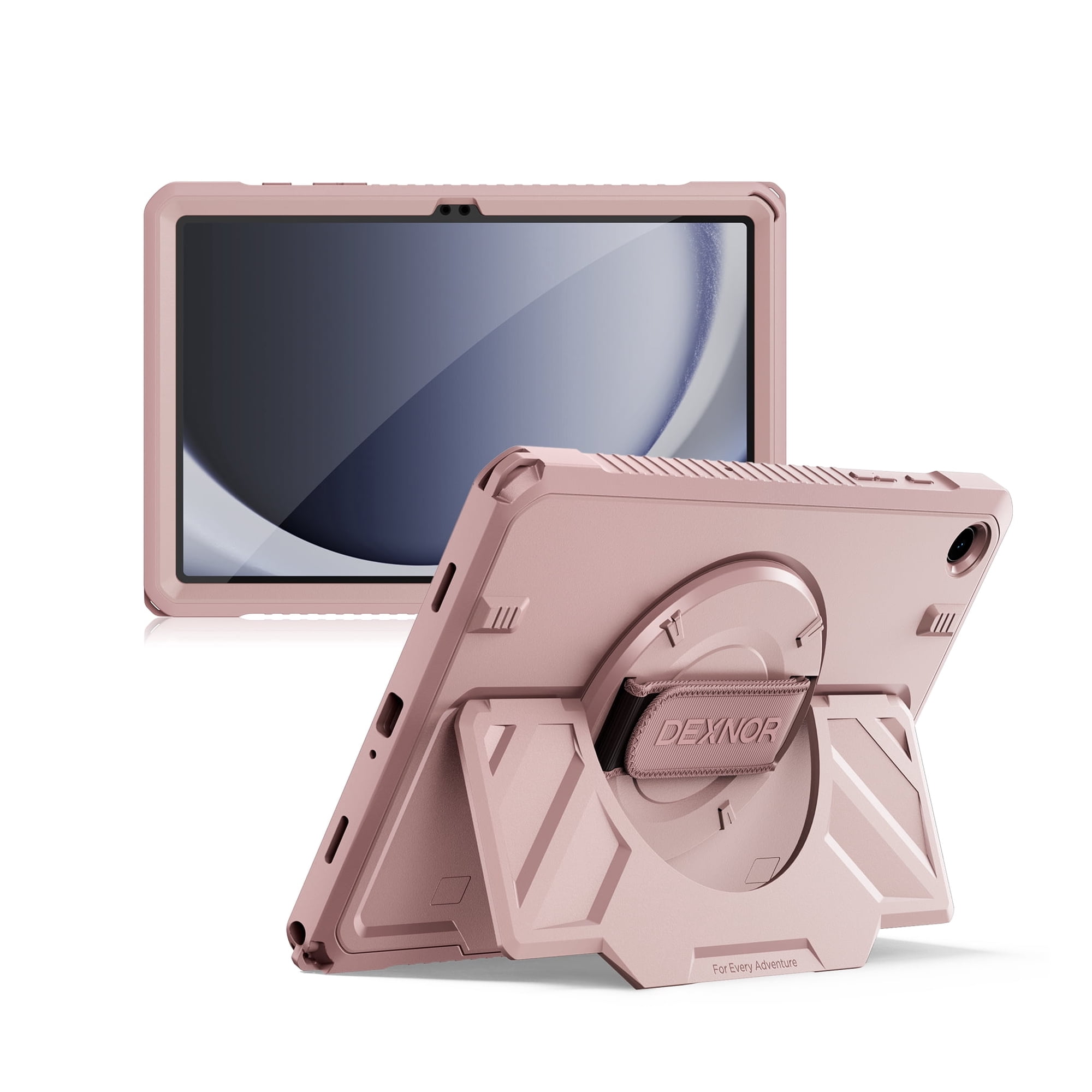 Dexnor Case for Samsung Galaxy Tab A9+ Plus/A11+ Plus 11 inch, Rugged Protective Case with 360° Rotating Hand Strap & Large Steady Stand & Screen Protector Shockproof Full-Body Bumper Cover, Pink