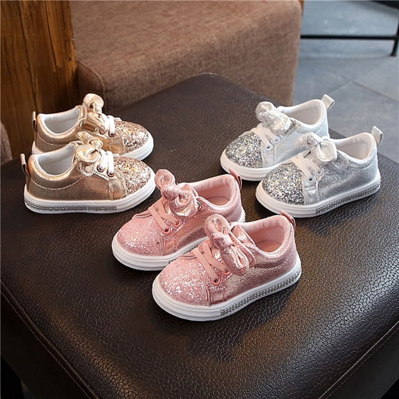 dgysar Girls Casual Sneakers Boys Girls Rhinestone Sequin Bow Running Shoes Breathable Non-slip for Daily Outdoor Sports Casual Wear Pink 23