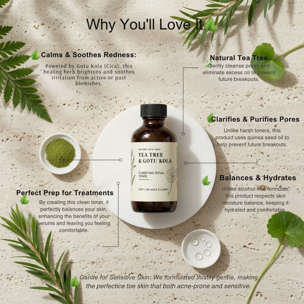 Nature Skin Shop Tea Tree & Cica Clarifying Toner, Visibly Refines Pores & Soothes Blemish-Prone Skin, with Gotu Kola, 4 Ounces