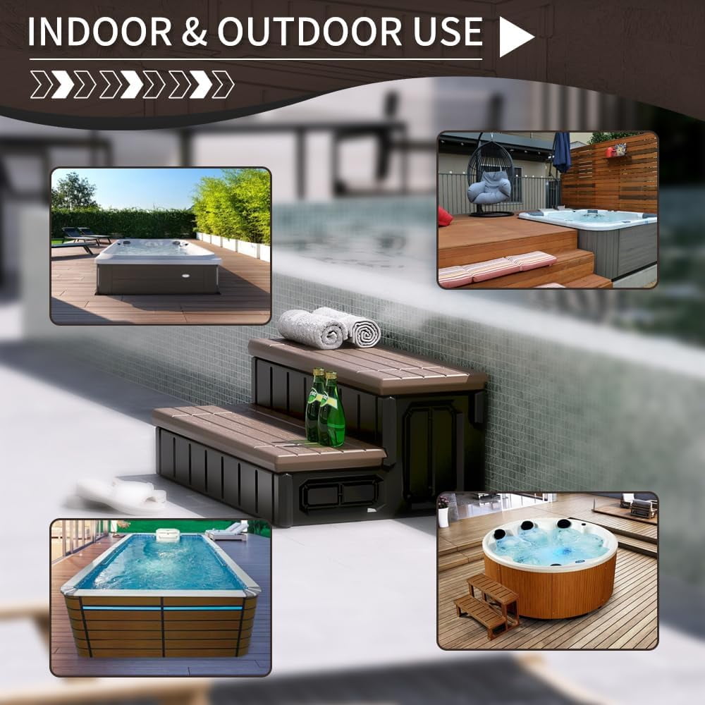 Universal Spa Hot Tub Step with Storage Outdoor Indoor Compartment Spa 2-Step Stool Pool Ladder Plastic Handi Step Slip Resistant Striped Brown+Black