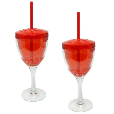 Stone Wine Glasses Double Wall Insulated Plastic Wine Glass With Freezer Gel (2 Pack) 12 oz, Red With Lid and Straw, BPA Free, FDA Compliant ()