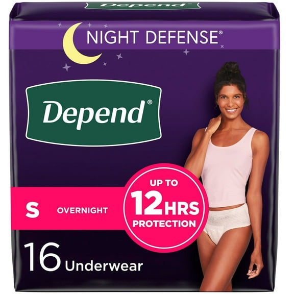 Pack of 2 Depend Night Defense Women's Incontinence & Postpartum Bladder Leak Underwear, S, 16 Count