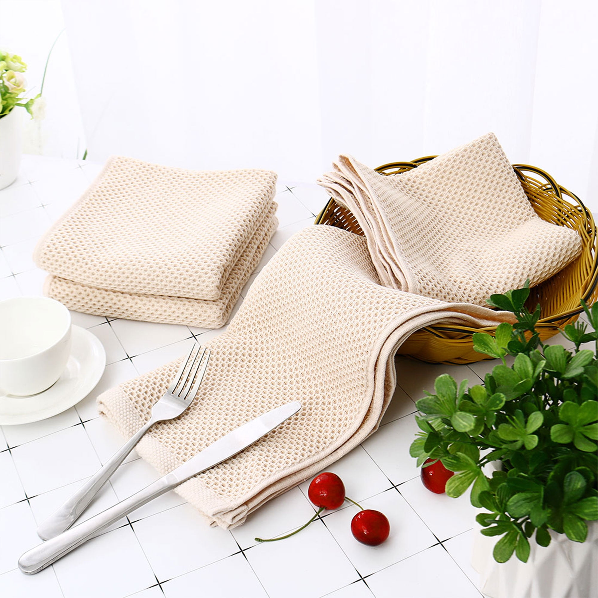 Piccocasa 100 Cotton Waffle Kitchen Tea Towel 4pcs set 13"x27" Beige