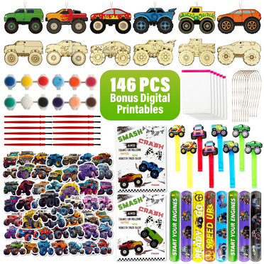 146 Pcs Monster Truck Party Favors - 12 Set of Truck Bubbles Paint Crafts Stickers Wristband Thank You Card for Kids Birthday Supply