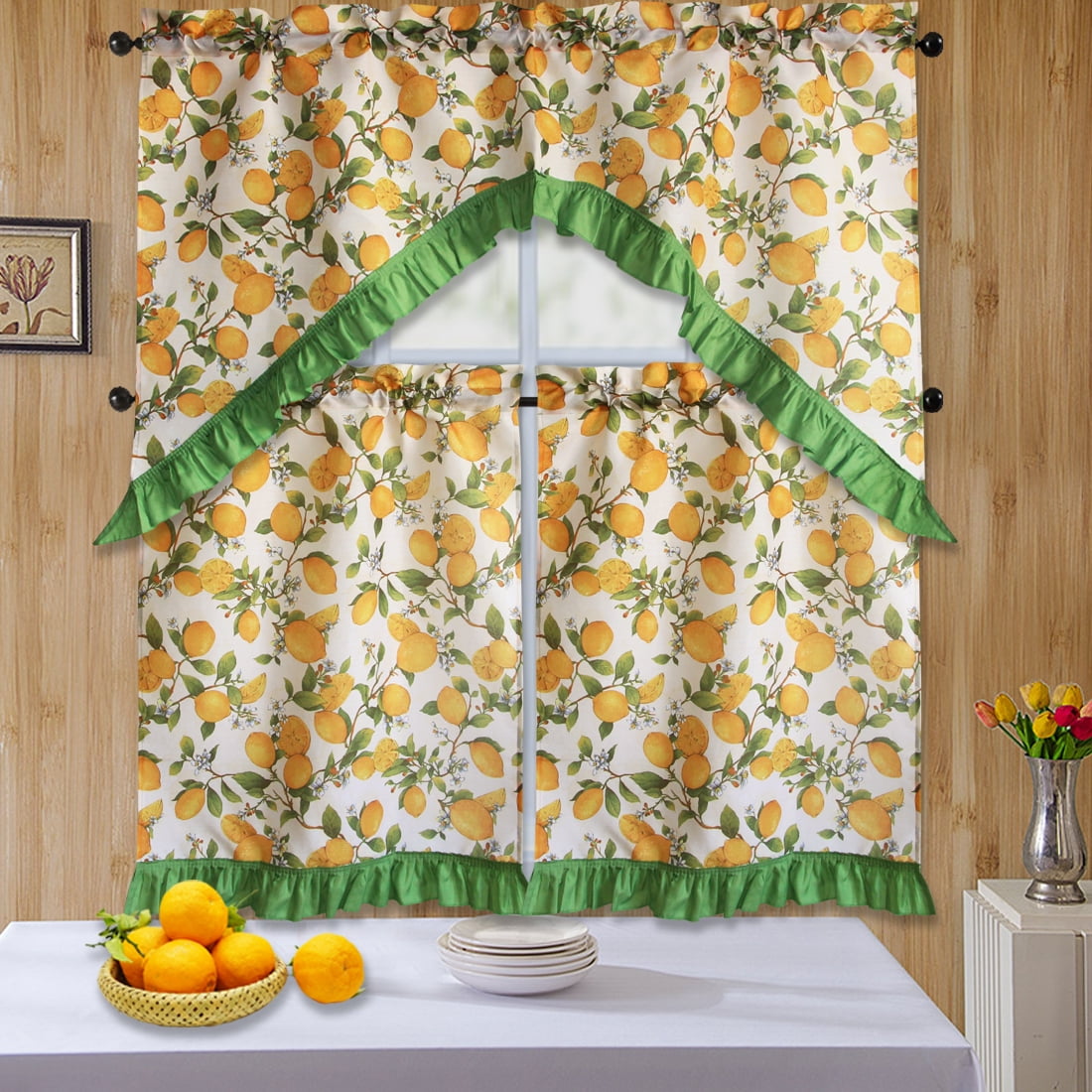 3 PC Kitchen Curtain Swag Set, Fruit Floral Rooster Printed Design Window Panels - Picture 29 of 62