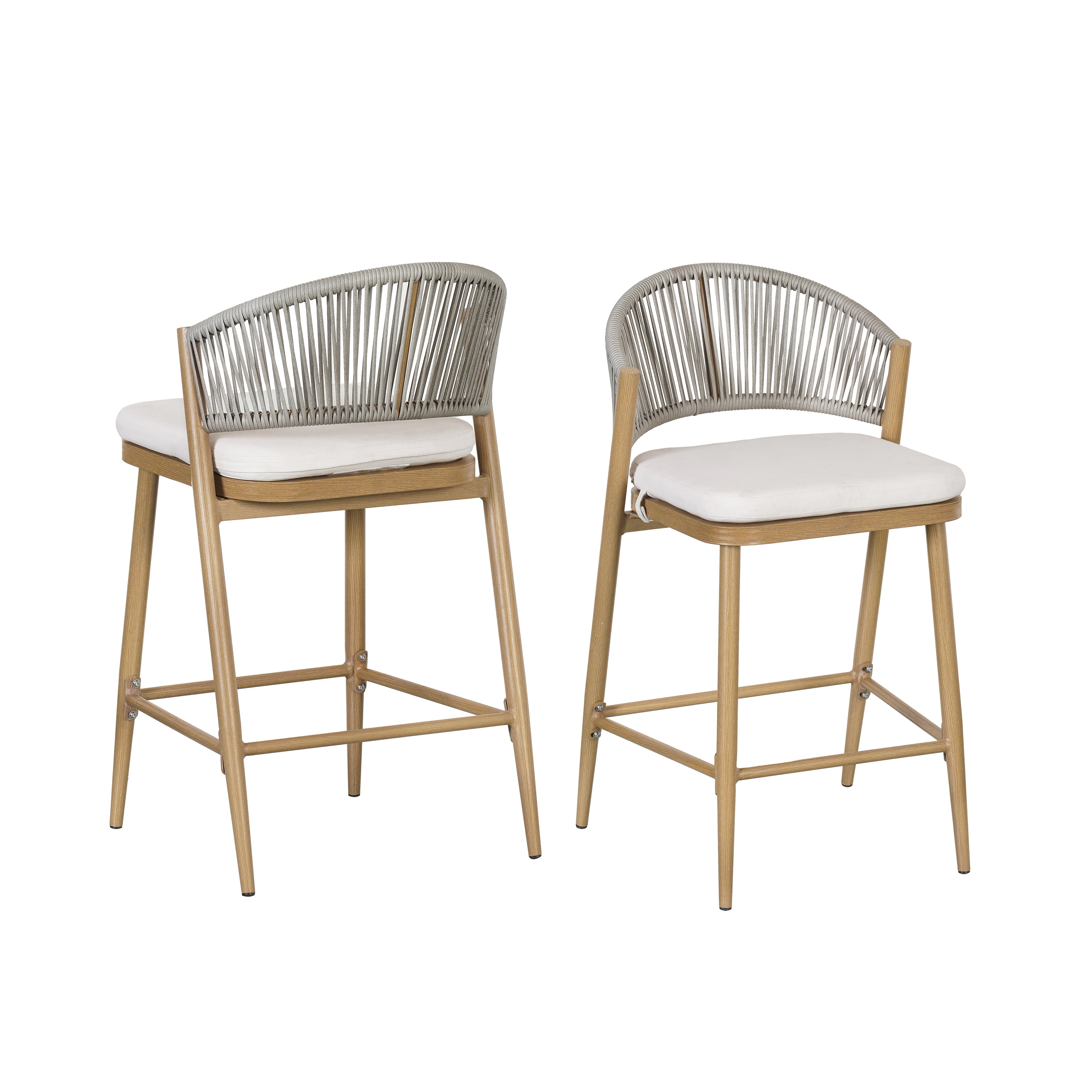 Counter Stools Set of 2, Outdoor 26 Inch Seat Height Aluminum Frame Stools with PE Rattan Scallop-Shaped Backrest, Maple Finish