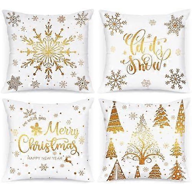 Lanpn White and Gold Christmas Cushion Covers 40x40 Set of 4, Decorative Gray Winter Snowflake Xmas Throw Covers Pillow Cases 16x16 for Home Bedroom R