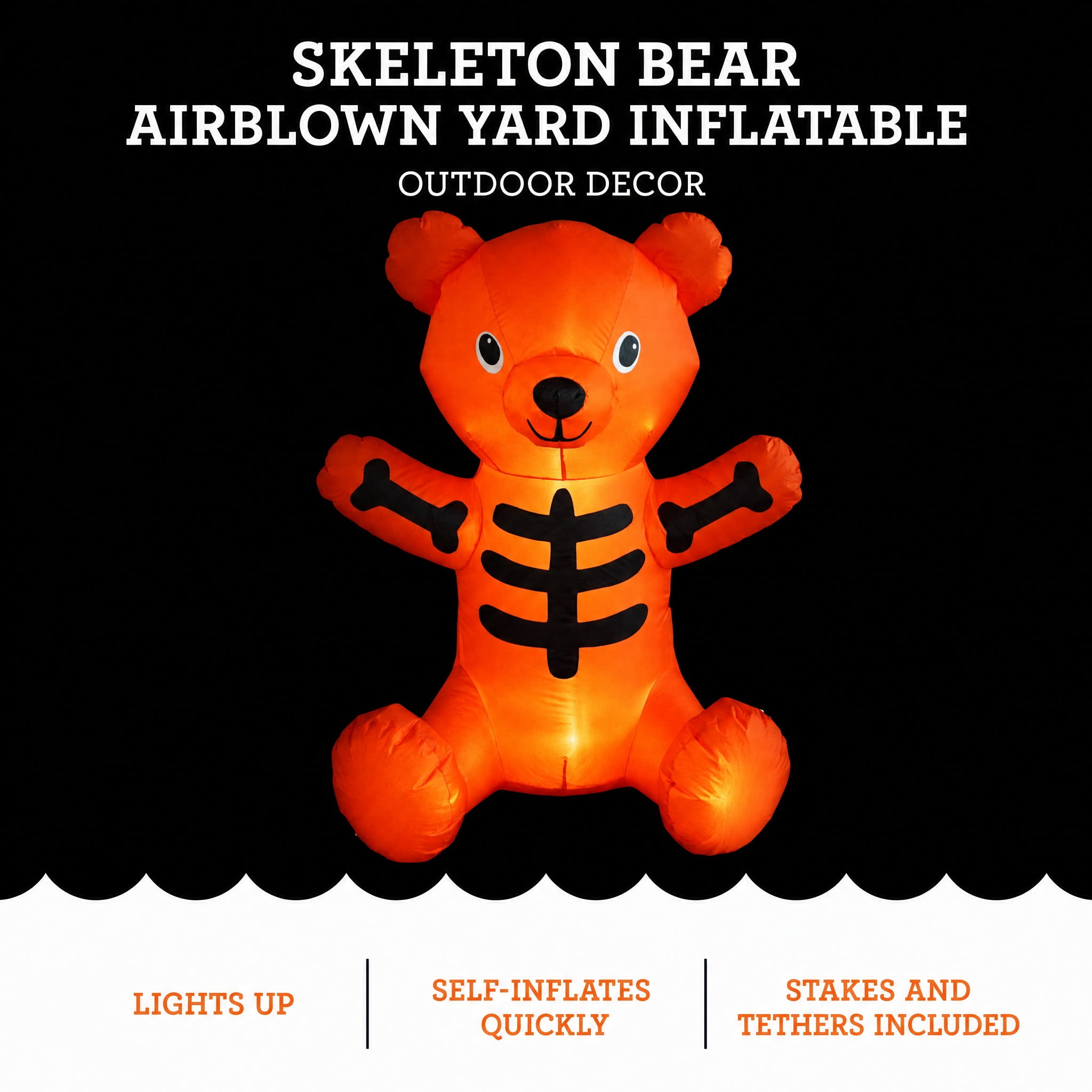 Skeleton Bear Airblown Yard Inflatable, Orange and Black, 3.5', Halloween by Way To Celebrate
