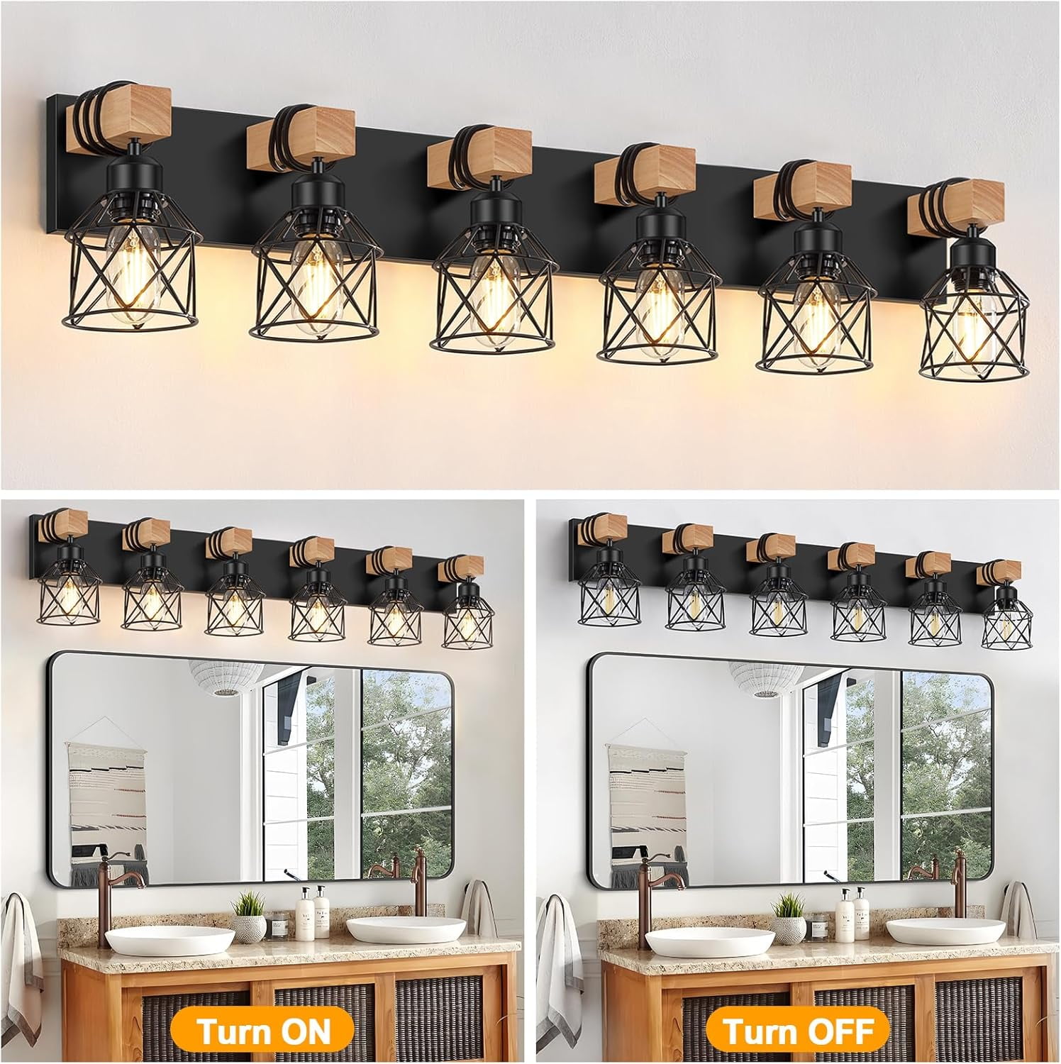 6-Light Farmhouse Bathroom Lighting Fixtures, Wood Black Vanity Lights Over Mirror, Rustic Wall Sconces Lighting with Metal Lampshade, Vintage Wall Lights for Bedroom, Living Room, Hallway