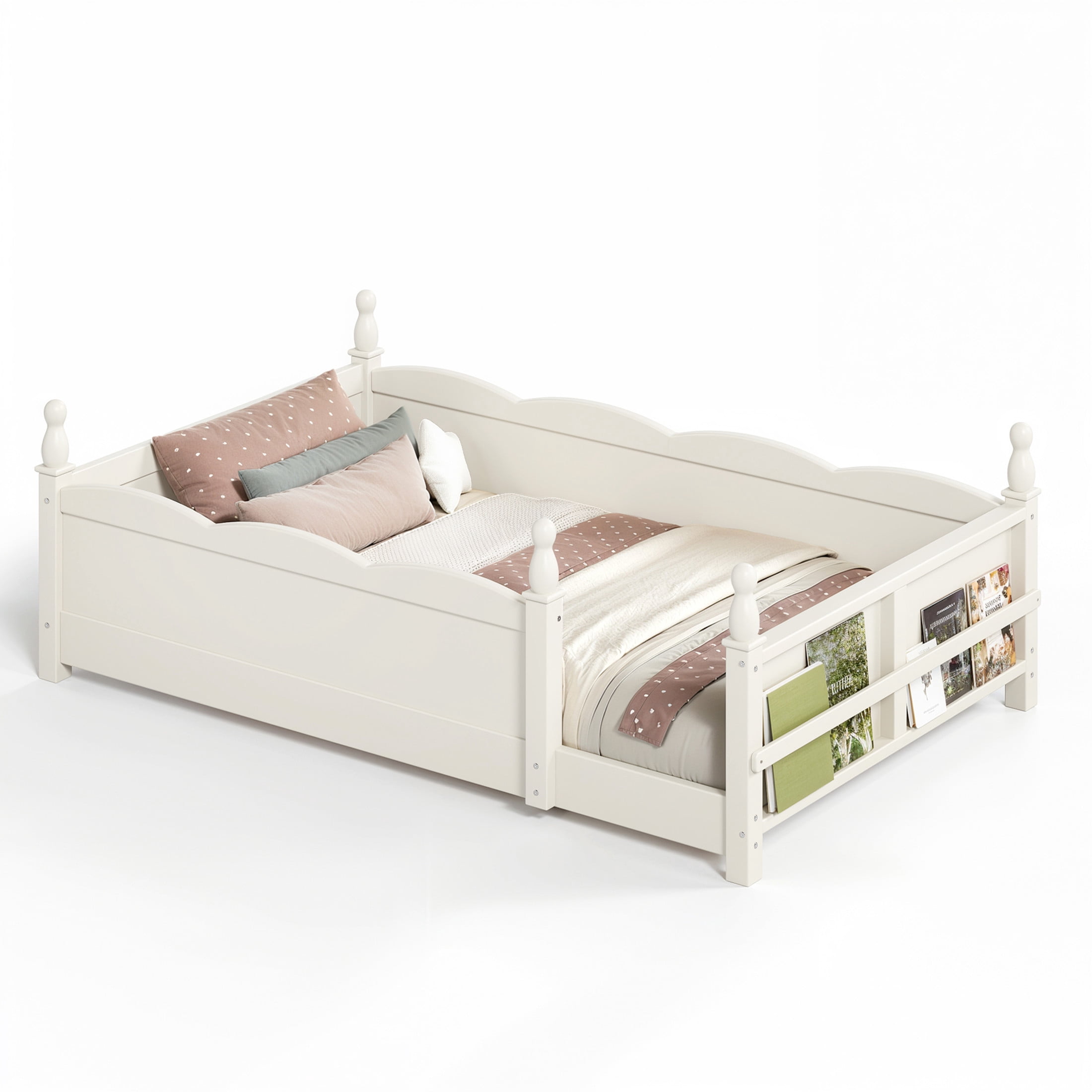 GDF Studio Twin Size Montessori Floor Bed with Guardrails & Side Bookshelf, Childlike Design, Beige