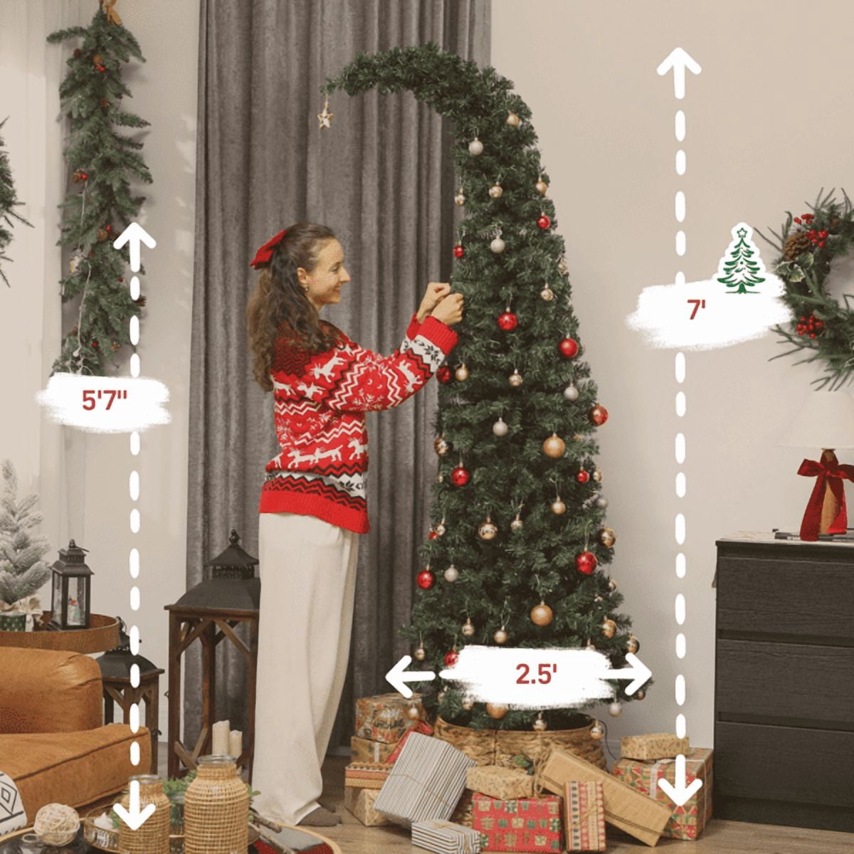 7FT Slim Pre-Lit Christmas Tree - Bent Santa Hat Top, Flame-Retardant Plastic, Metal Base, Indoor Use Only, Small Space Decor