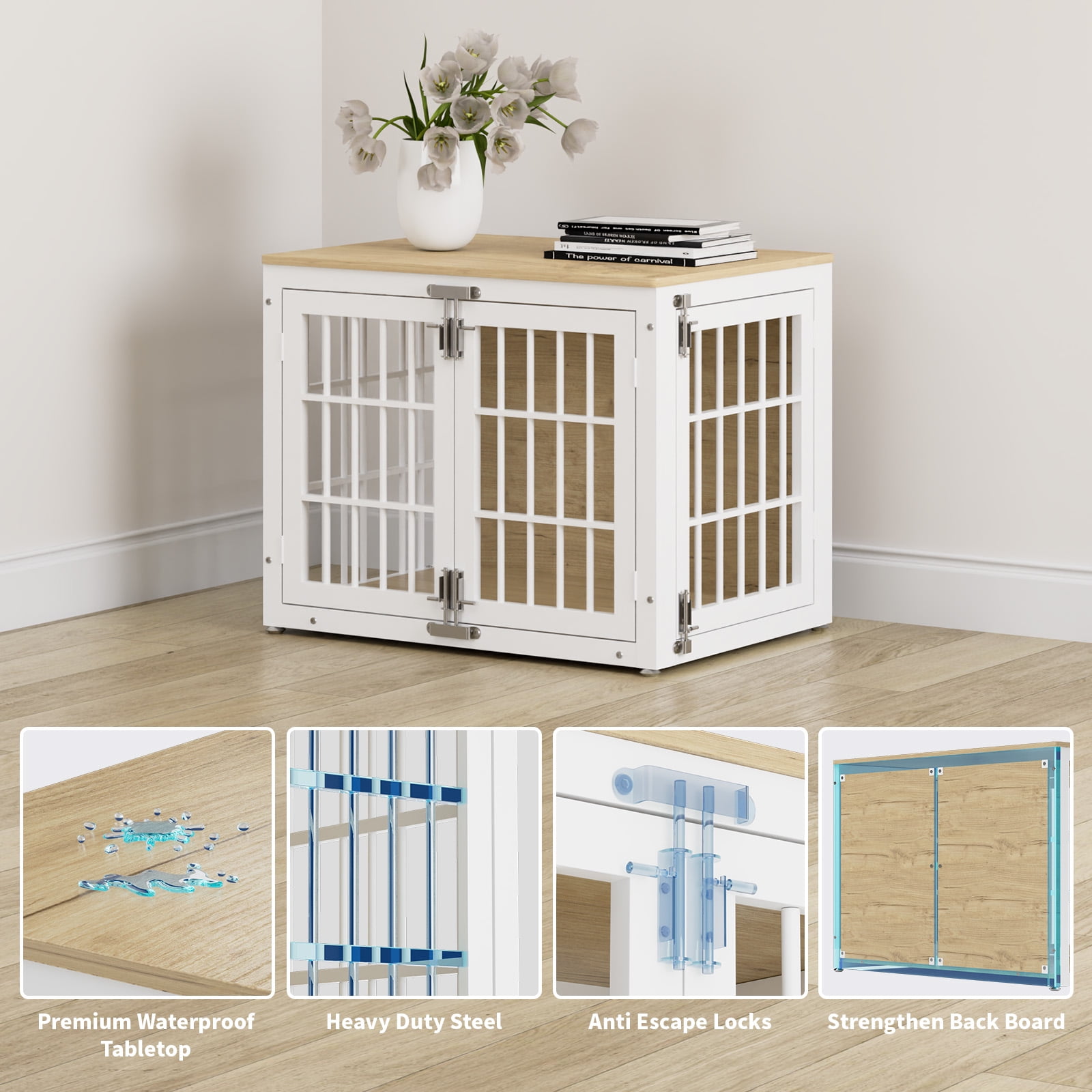 33'' Heavy Duty Dog Crate Furniture with 3 Doors,Wooden Side End Table Indoor Combination Dog Cage For Small to Medium Dog Extra-Large