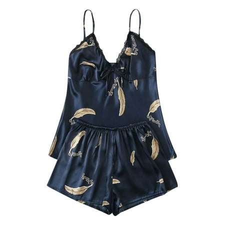 

Qcmgmg 2 Pack Nightgown Feather Sexy Silk Pajamas Set V Neck Cami and Shorts Set Sleepwear Pjs for Women