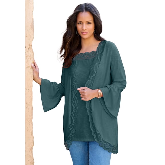 Roaman's Women's Plus Size Lace-Detailed Cardigan And Tank Set
