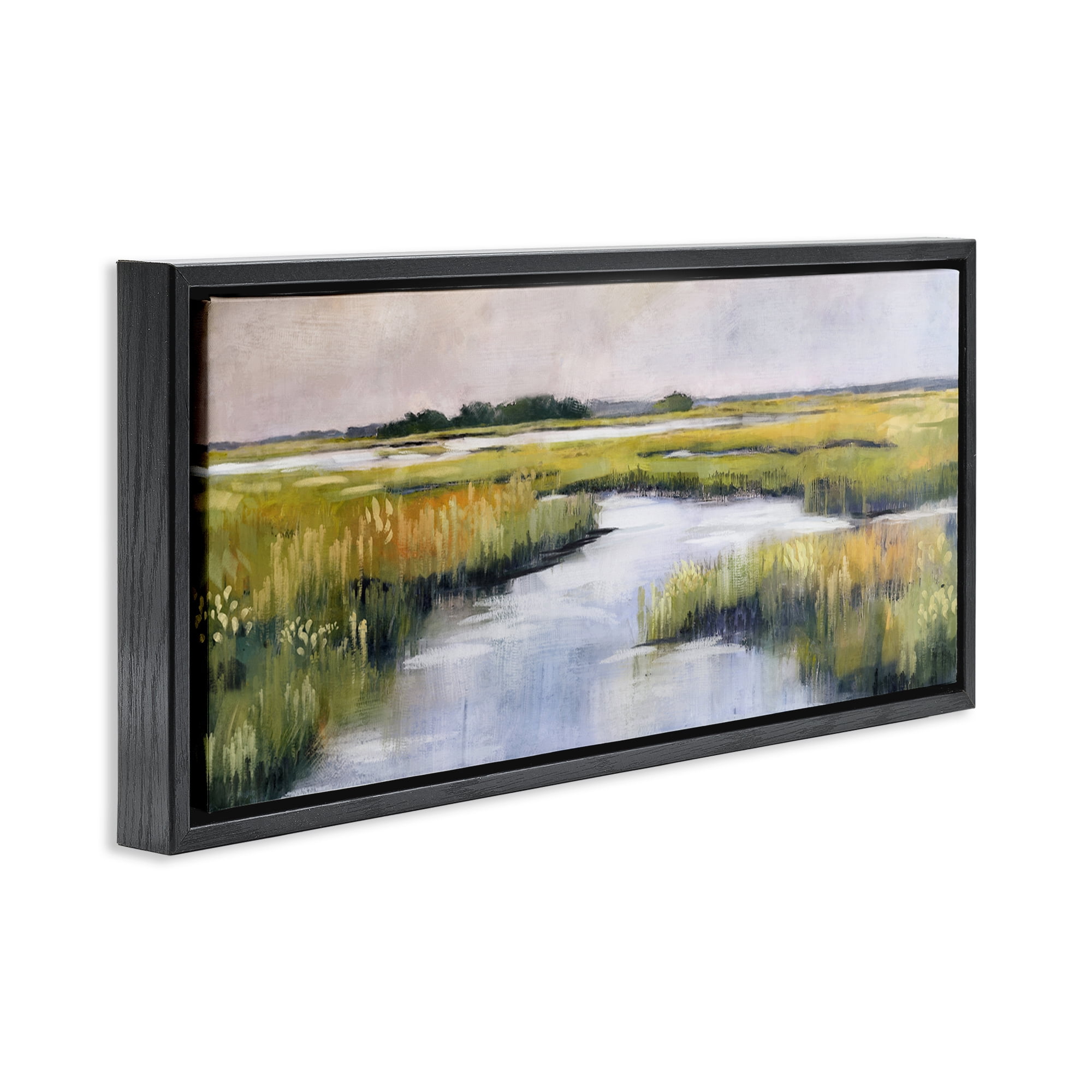 Stupell Industries Grassy Rural Marshlands Landscape & Nature Painting Black Floater Framed Canvas Art Print Wall Art, 25 x 11