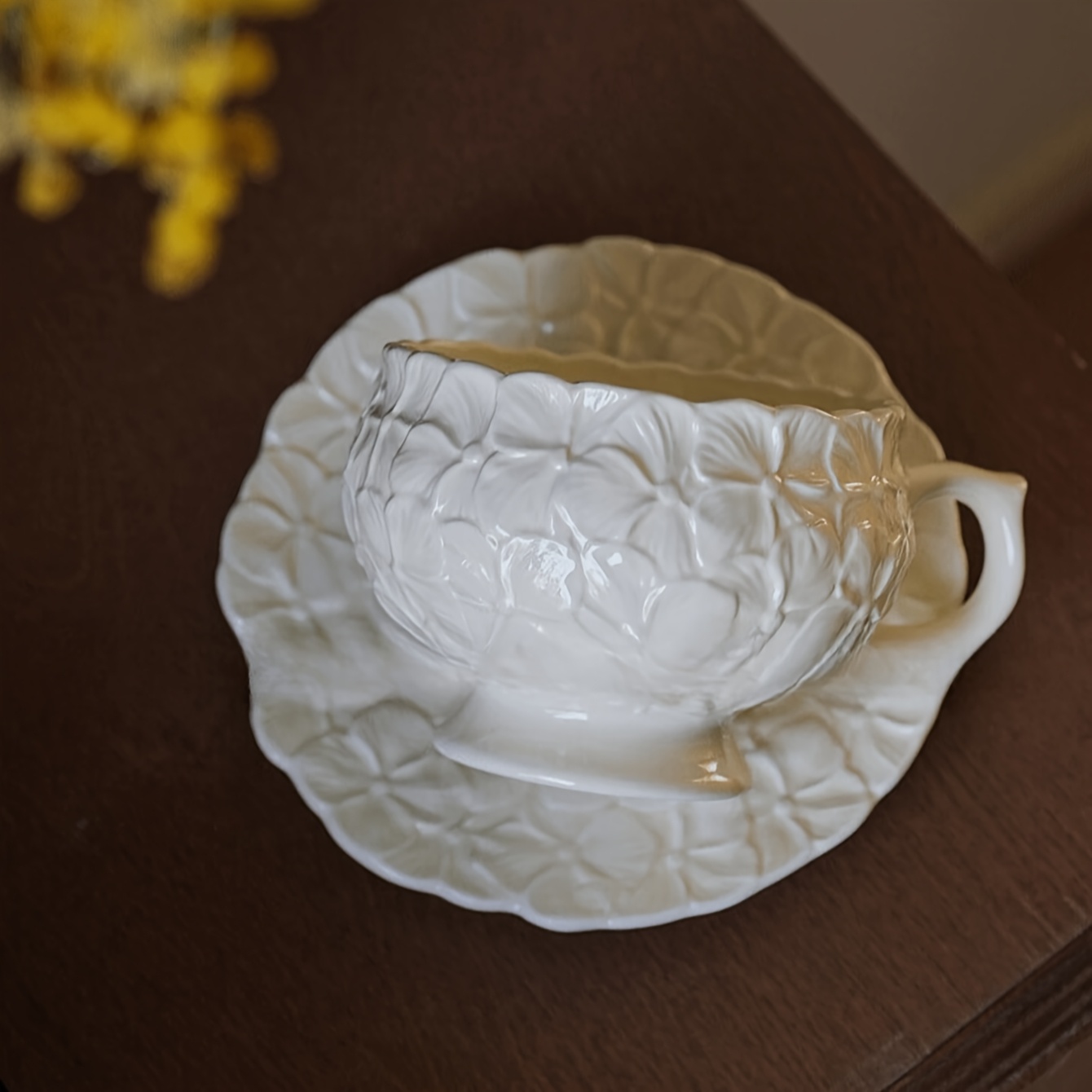 French Vintage Cream Embossed Floral Highball Coffee Cup and Saucer Set - Afternoon Tea Latte Art Cup - A unique gift choice, reusable ceramic, hand wash only, perfect for espresso, cappuccino and ot
