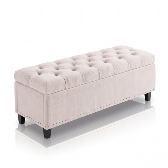 51" Extra Large Storage Ottoman Bench, Supports 660lbs End of Bed Storage Bench with Button-Tufted Upholstery and Safety Close Hinge, Upholstered Bench for Living Room, Bedroom, Entryway - Beige