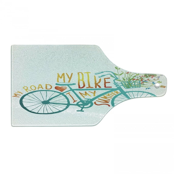 Bicycle Cutting Board, Vintage Summer Bike a Floral Bouquet Vehicle for Transport Illustration, Decorative Tempered Glass Cutting and Serving Board, Wine Bottle Shape, Turquoise Yellow, by Ambesonne
