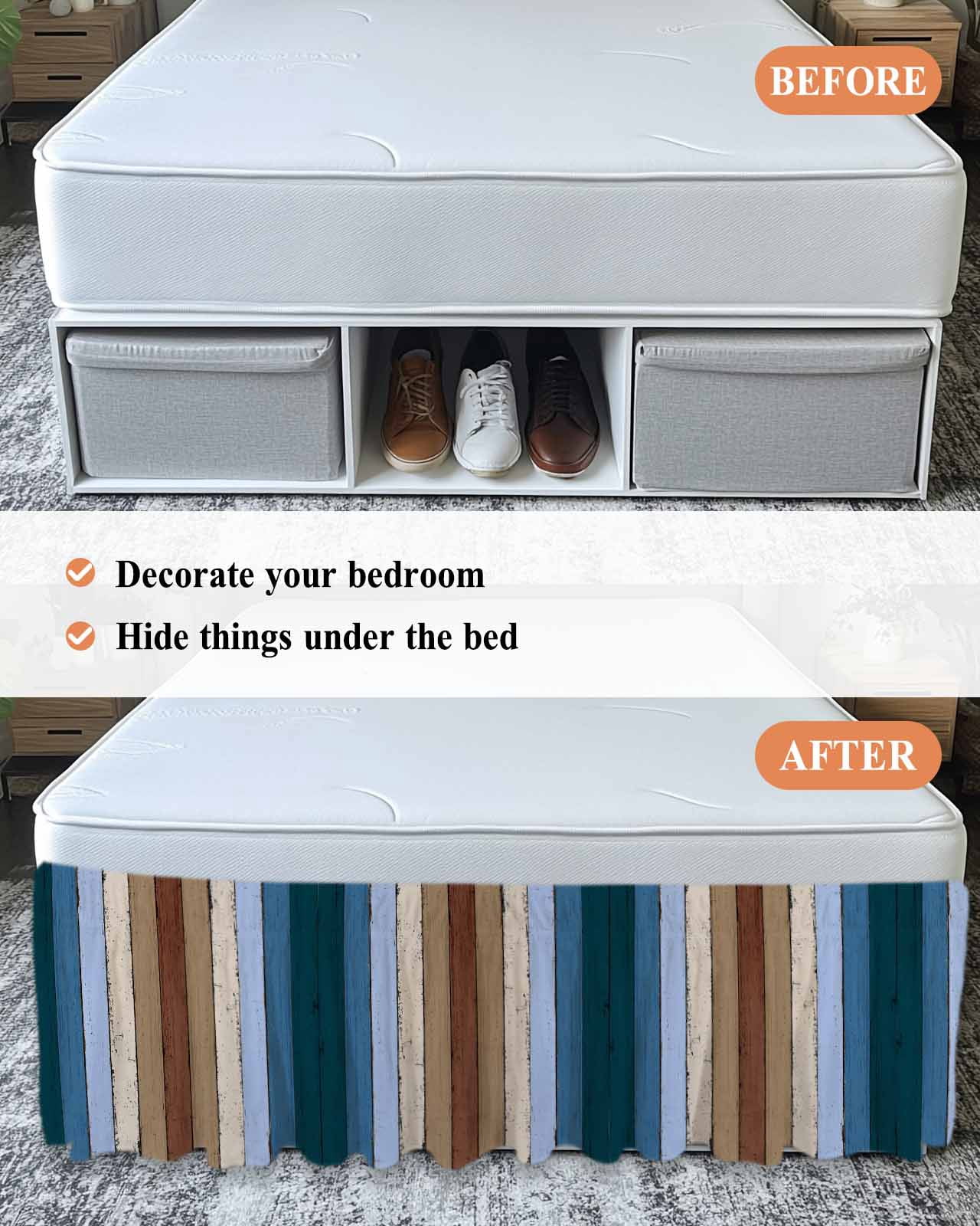 Brown Deep Blue Ruffle Bed Skirt California King Size Modern Vintage Wood Texture Rectangle Adjustable Elastic Dust Bed Skirts Wrap Around Bedskirt Wrinkle Free Easy Fit with 16 Inch Drop