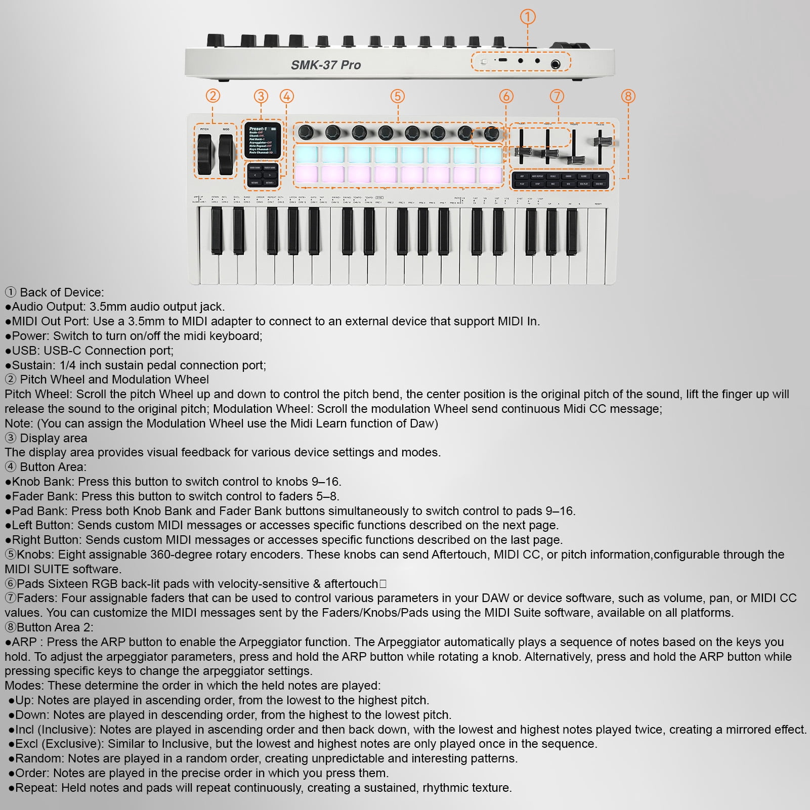 Music production controller Midi M- MIDI Keyboard 37-Key with Velocity Sensitivity 16 RGB Backlit Drum Pads 8 Knobs 4 Faders Synthesizer Engine for Music Production