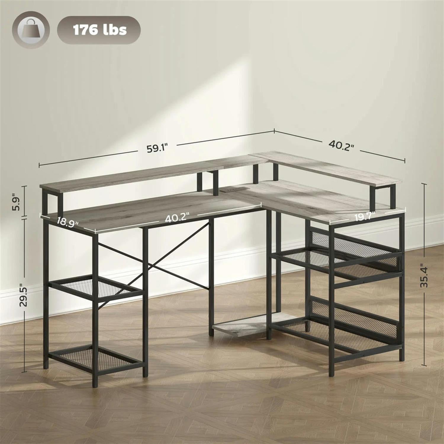 Demi Bonn 59" L Shaped Corner Office Desk with LED Lights and Power Outlets, Home Computer Desk for Living Room, Office, Study Writing Table PC Desks, Gray