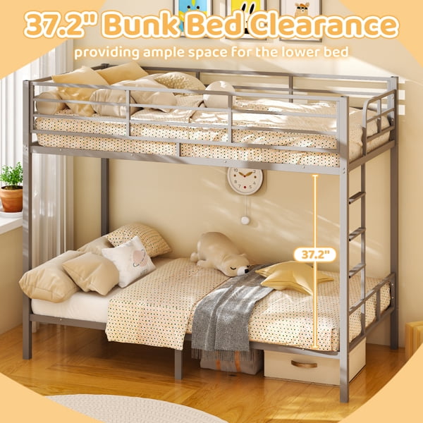 Alvantor Twin over Twin Metal Bunk Bed with 400 lb Capacity, High Guardrails and Side Ladder, Gray