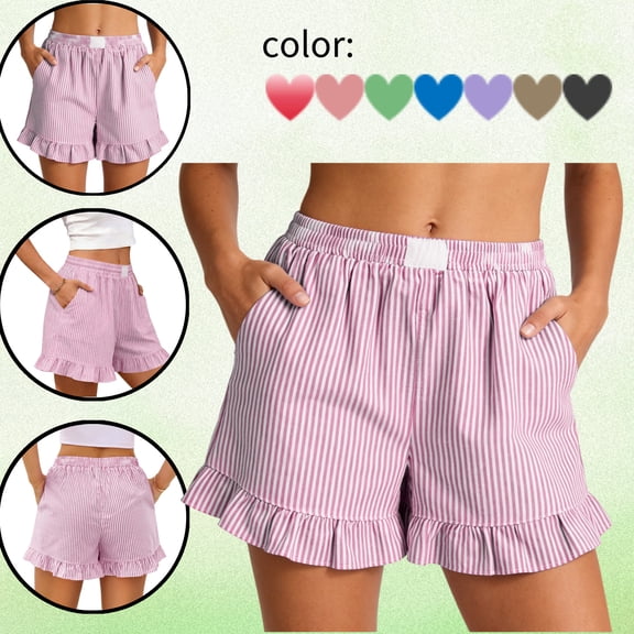 LEKWK Striped Shorts Women Baggy Elastic Waist Ruffle Hem Shorts with Pockets Stretchy Pull-On Lounge Loose Wide Leg Shorts Summer Fashion Casual Shorts