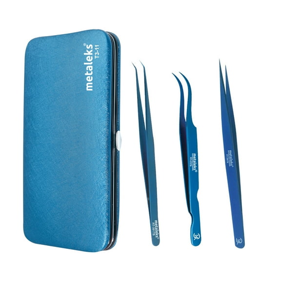 3Pcs Russian Volume Japanese Stainless Steel Tweezers for Eyelash Extension in Blue Titanium Coated with Blue Magnetic Kit