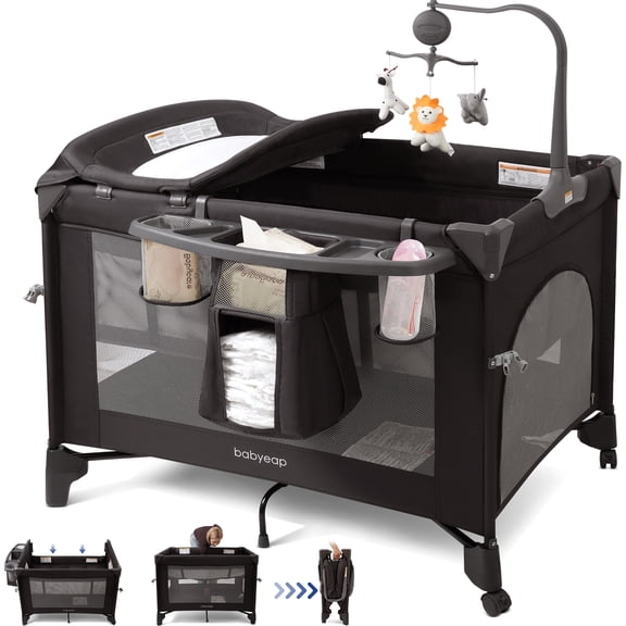 Babyeap 4in1 Baby Bassinet with Playard, 1-Step Fold Portable Playpen with Changing Table, Bedside Sleeper for Newborns, Black