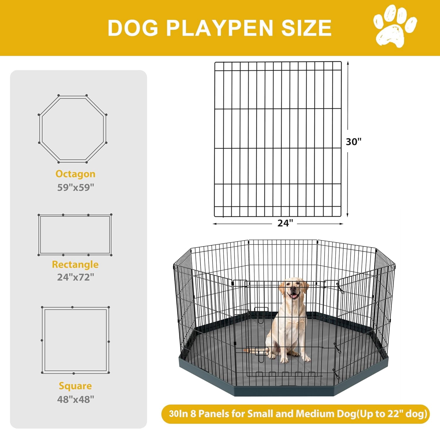 Foldable Dog Playpen, 24x30in 8 Panels Metal Pet Exercise Fence with Botton Pad, Dog Play Pen for Indoor Outdoor, Heavy-Duty Pet Fence Puppy Crate Kennel with Door for Small Medium Pets