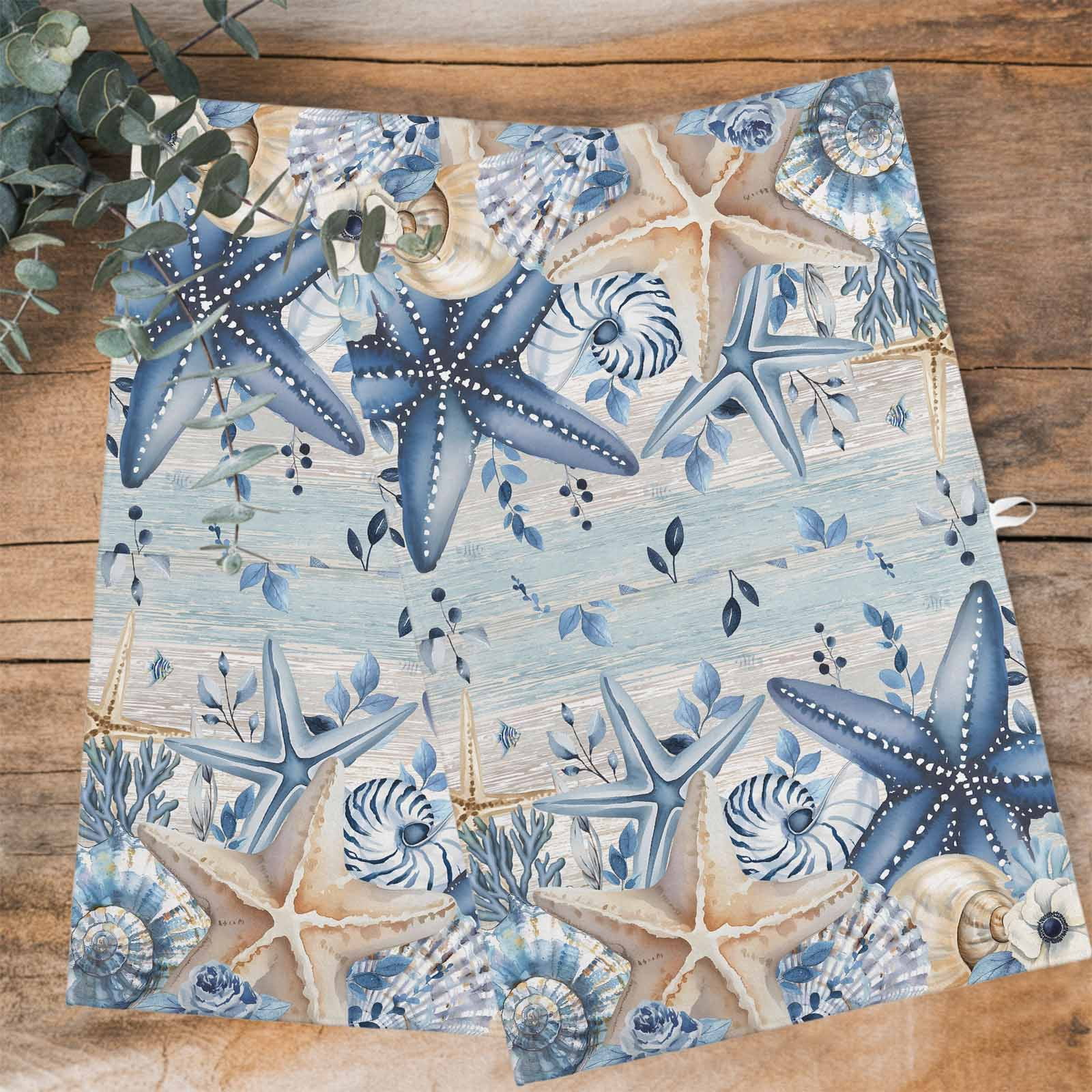 Blue Starfish Coastal 1 Pack Kitchen Towel, Water Absorbent Dish Towel, Eucalyptus Summer Nautical Shell Vintage Decorative Hand Towels - Quick Drying Cloth for Cooking Baking, 18x28 Inch