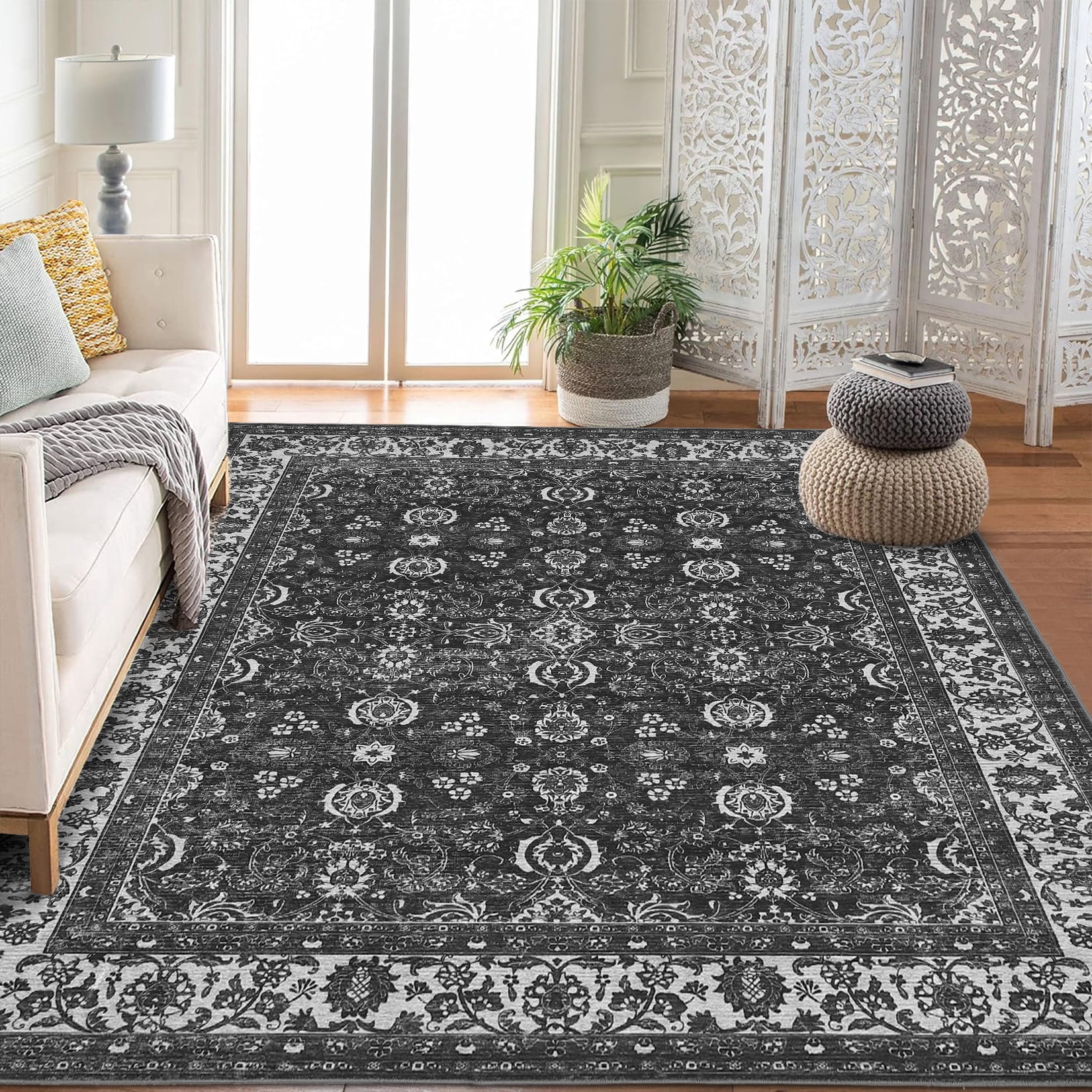 Vintage Floral Rugs 10x13, Washable Area Rug with Non Slip Backing, Low Pile for Living Room, Bedroom & Home Decor Black
