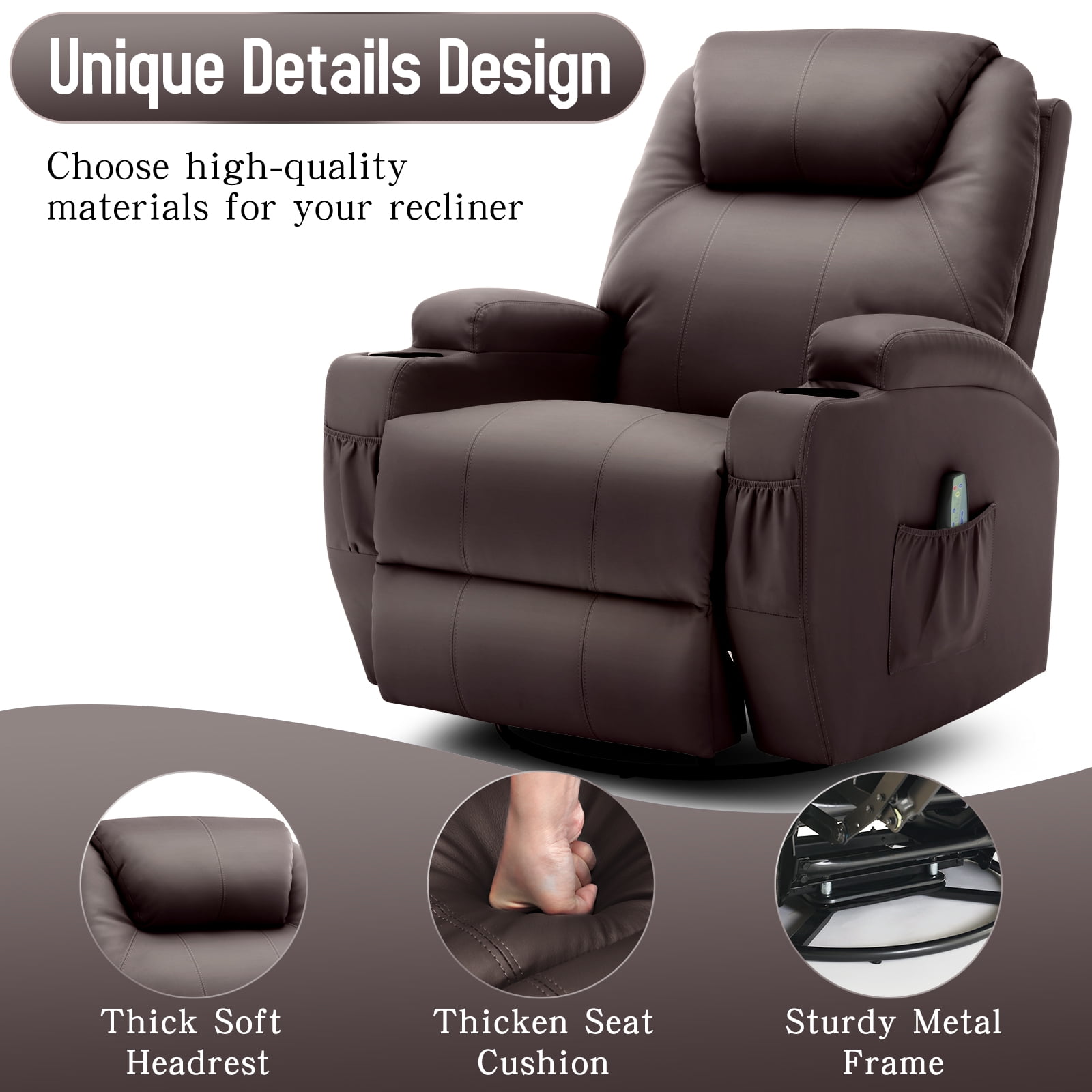 Korser Swivel Rocker Recliner Chair with Massage Faux Leather for Living Room,Brown