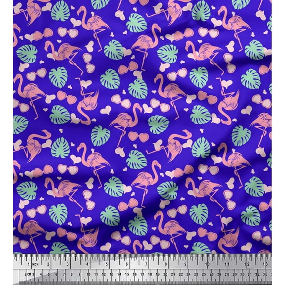 Soimoi Blue Cotton Duck Fabric Monstera Leaves & Flamingo Bird Print Fabric by the Yard 42 Inch Wide