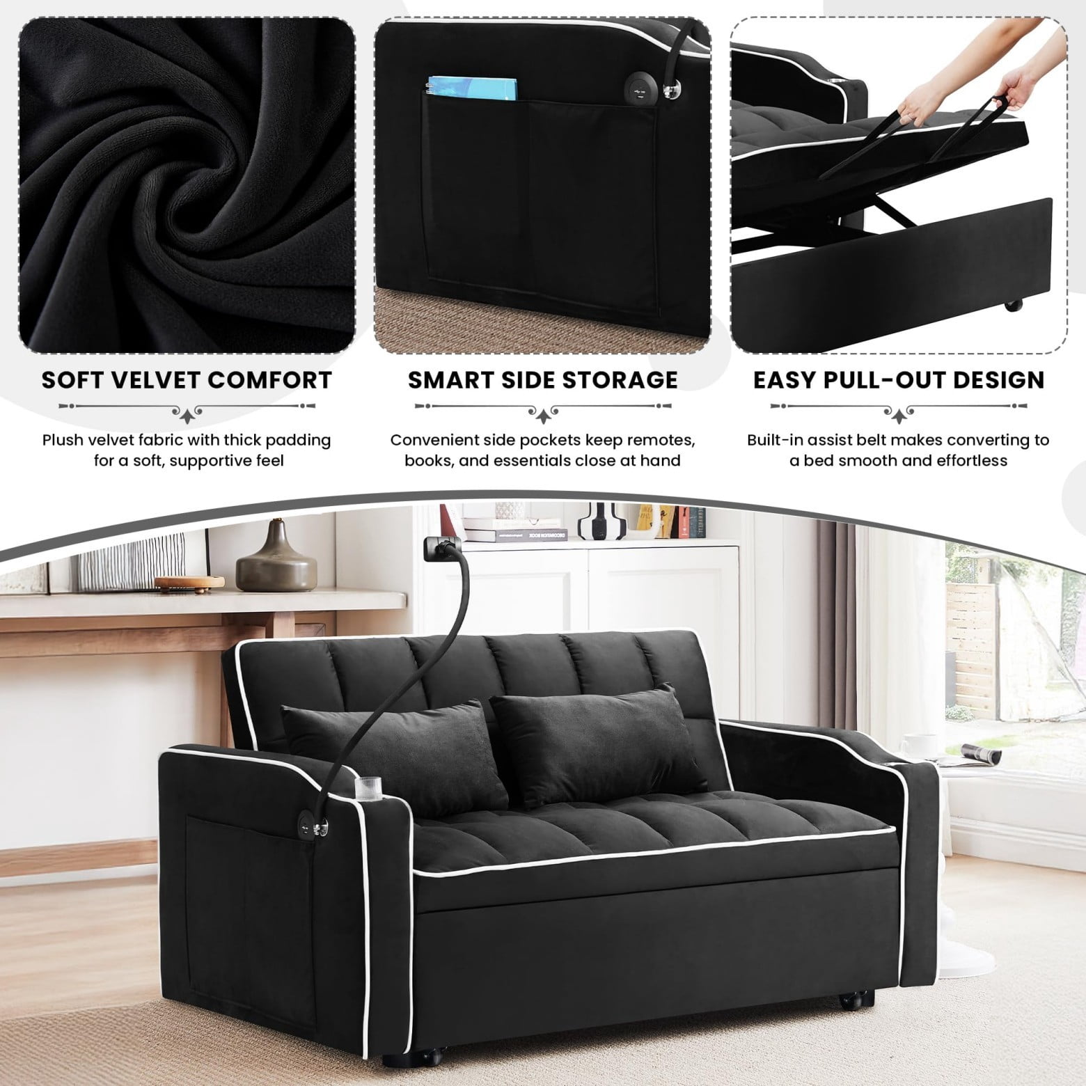 55" 3 in 1 Convertible Sofa Bed with Phone Holder, Loveseat Couch with Pull Out Bed, Space-Saving Apartment Sofa, Black