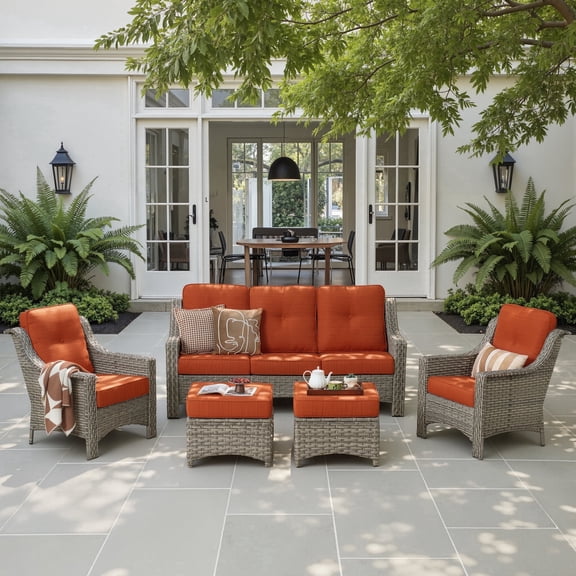 Ovios 5 Pieces Outdoor Furniture Set High Back All-Weather Wicker Patio Conversation Set with Ottomans, Orange Red(Striped)