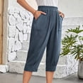 thumbnail image 4 of HAPIMO Capri Cotton Linen Pants Pocket for Women Trendy Clothes Solid Color Leisure Relaxed Workout Elastic Waist Retro Trousers Navy M, 4 of 9
