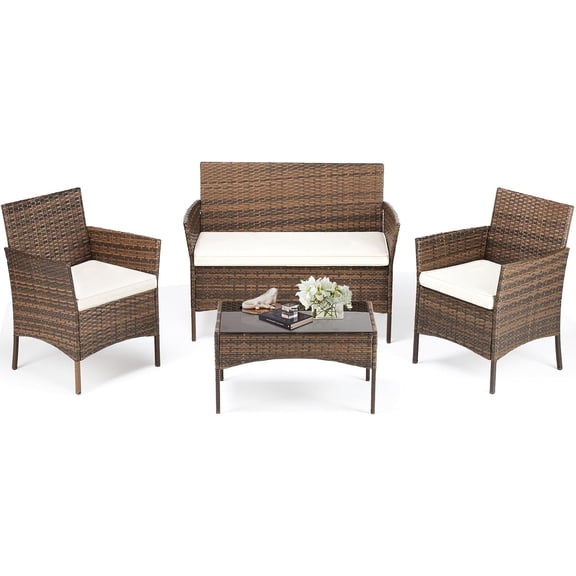 4 PCS Patio Furniture Set, Outdoor Wicker Rattan Conversation Patio Chair Sets with Glass Table, Cushion for Garden, Terrace, Porch, Bistro, Balcony, Beige