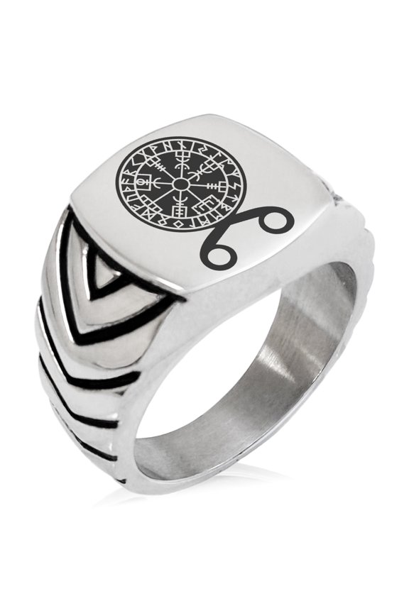 Stainless Steel Binding Vegvisir Troll Cross Runic Viking Chevron Pattern Biker Style Polished Ring