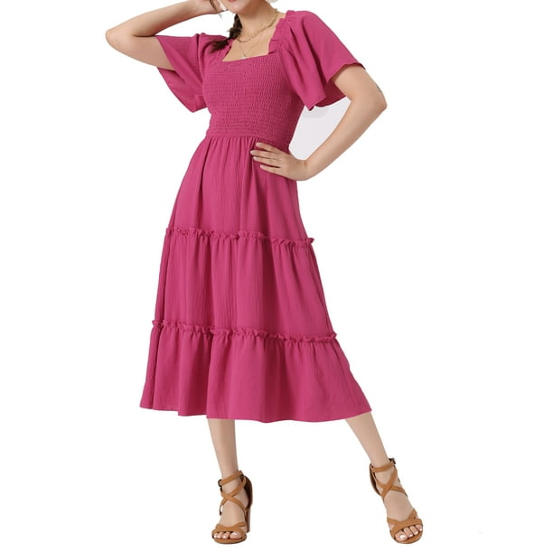 Vestido midi bohemio INSPIRE CHIC para mujeres con escote cuadrado, mangas cortas, vestido de capas fluido y fruncido, color rosa intenso XS