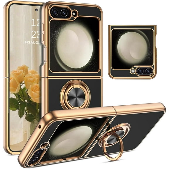 Galaxy Z Flip5 Case,Z Flip5 Case,Slim Thin Plating Non Slip Kickstand Ring Holder Shockproof Protetive Bumper Magnetic Car Mount Support Phone Cover for Samsung Z Flip5 6.7" 2023,Black Golden