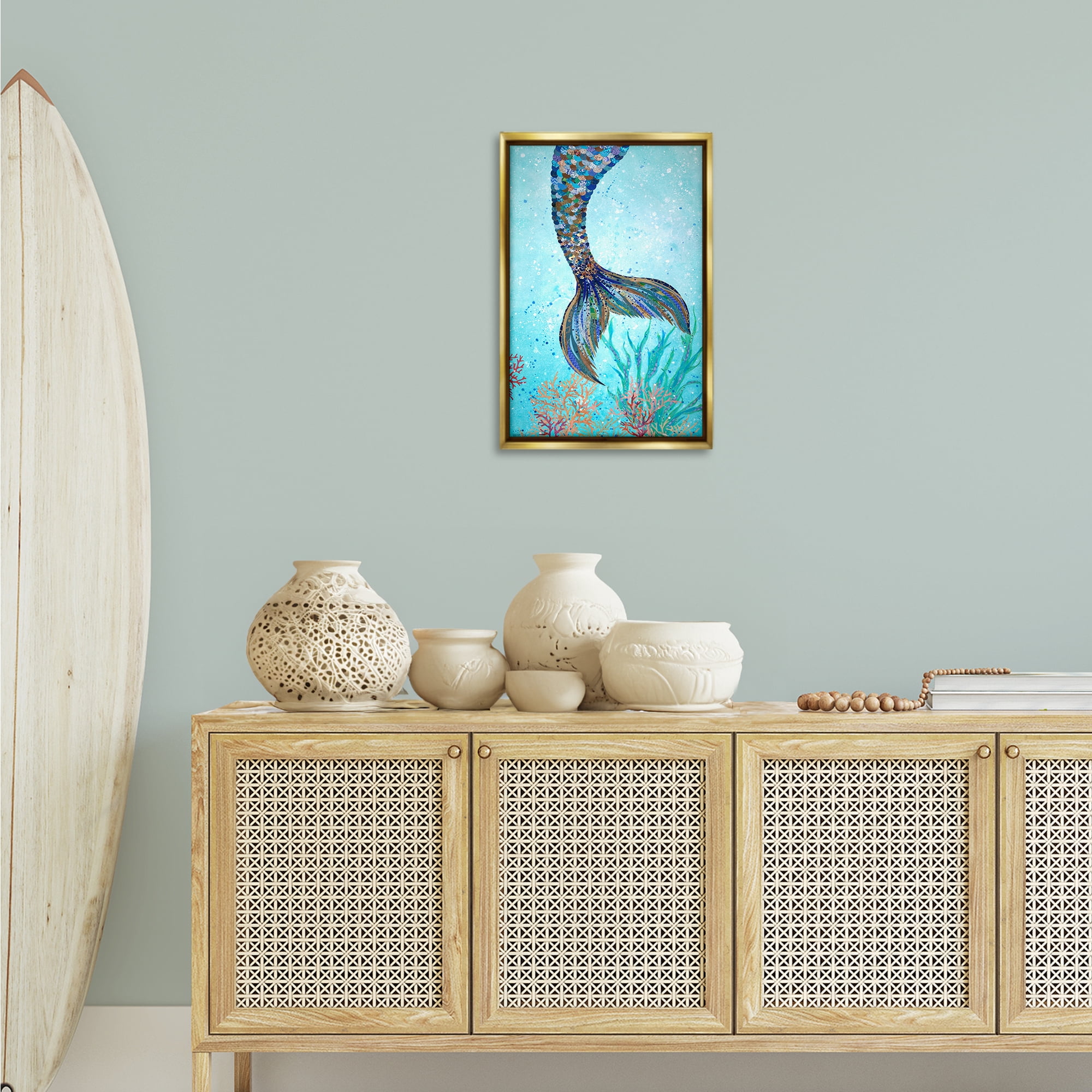 Stupell Industries Tall Tails Mermaid Fairy Tales & Fantasy Painting Gold Floater Framed Canvas Art Print Wall Art, 17 x 25