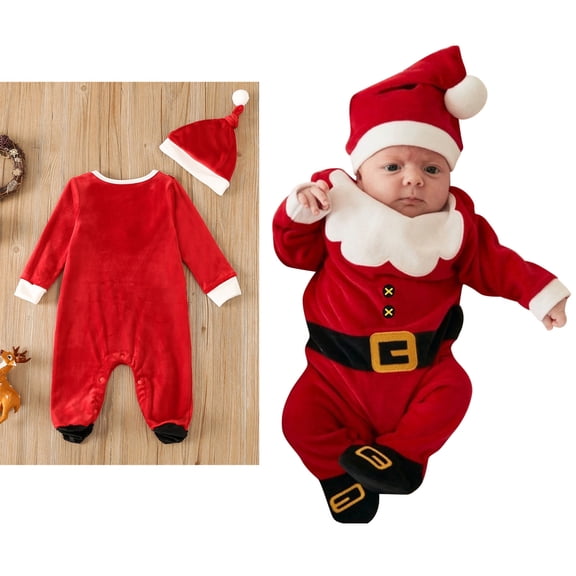 Santa Outfit Long Sleeve Romper Jumpsuit Hat Sets Christmas Baby Boy Outfit Festive Dress Outfit 0-3 Months