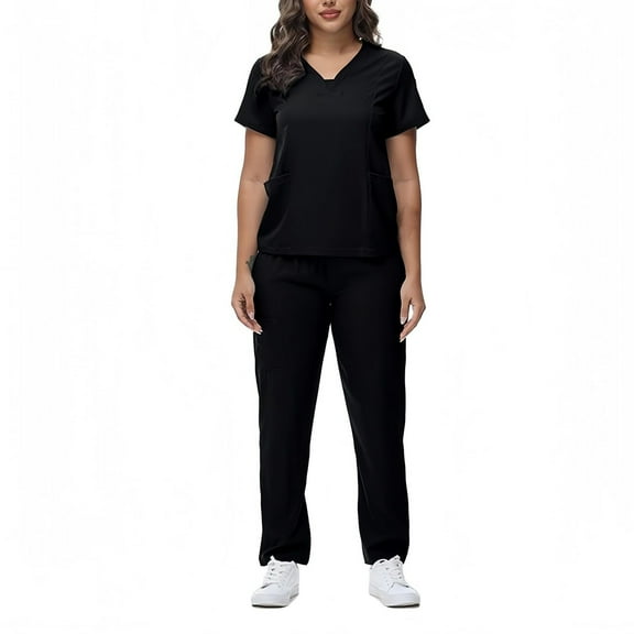 Fgvctg Scrub Sets for Woman Plus Size Nursing Uniforms Petite V-Neck Scrub Pants and Tops Jogger Scrubs Medical Uniforms Tall Scrubs Sets Black S