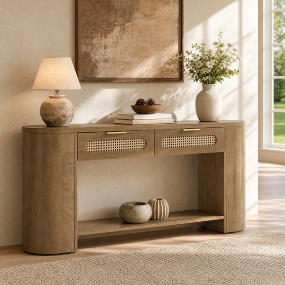 Tribesigns 55.12" Farmhouse Console Table With 2 Drawers, Wooden Entryway Table with Open Shelf for Living Room, Hallway, Foyer
