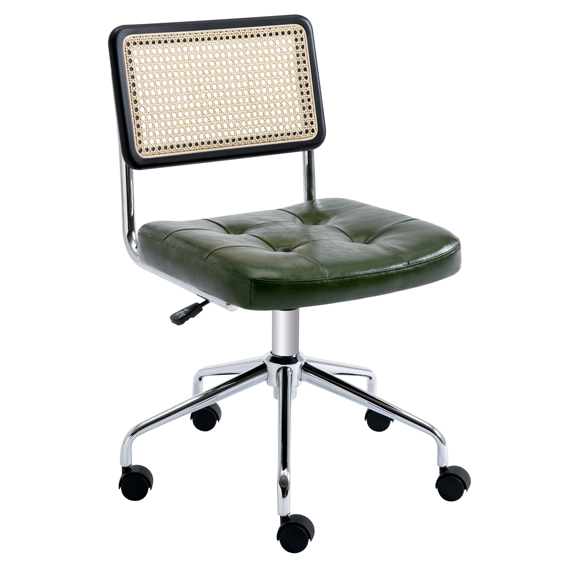 Zesthouse Mid Century Faux Leather Home Office Chair with Rattan Back, 360° Swivel Upholstered Desk Chair on Wheels, Tufted Computer Task Chair for Living Room & Office Room, Green