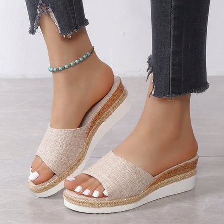 

Aayomet Slippers for Women Indoor And Outdoor Ladies Fashion Solid Color Cloth Open Toe Casual Slope Heel Thick Sole Sippers Beige 7
