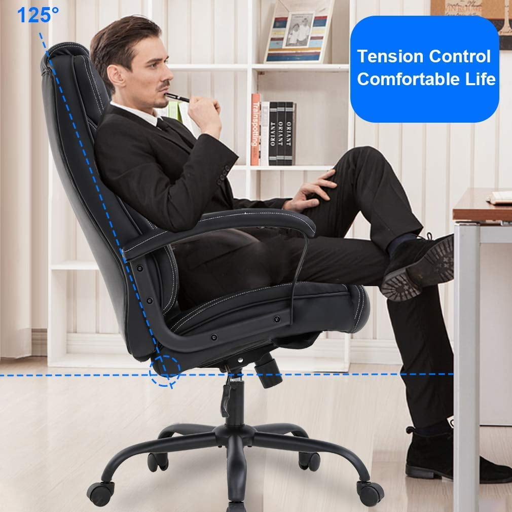 Big and Tall Executive Chair 500 lbs Capacity PU Leather Boss Office Desk Chair Heavy Duty High Back Computer Chair Thick Sponge Office Chair with 360° Quiet Swivel Wheels, Black